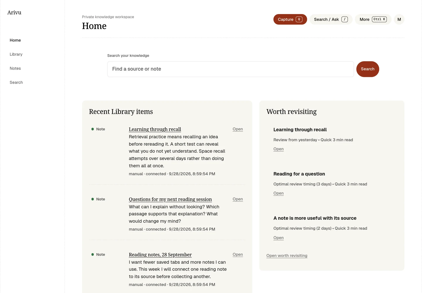 Preview Home with recent sources, notes, and four primary navigation links