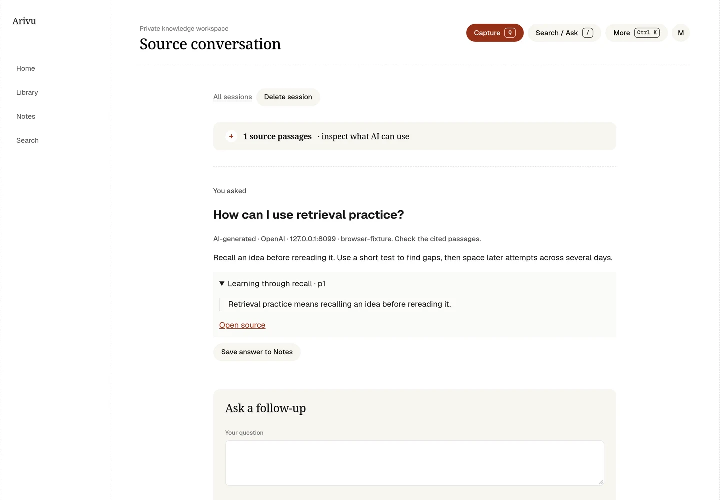 Preview source chat with an answer, expanded exact quote, and Save answer to Notes