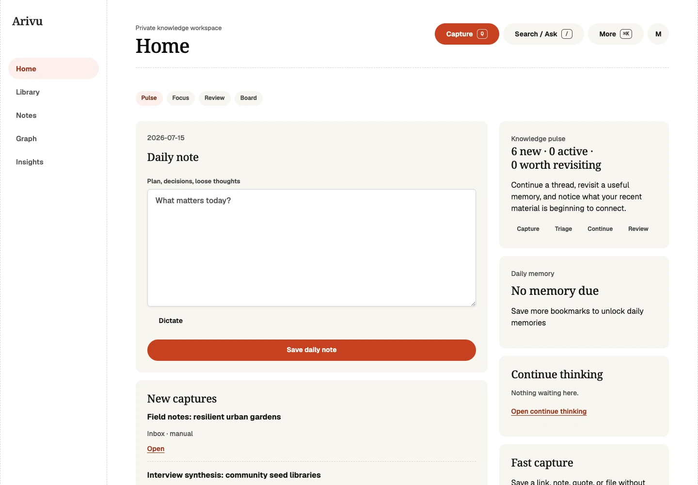Arivu Home showing a daily knowledge overview in the warm light-only interface