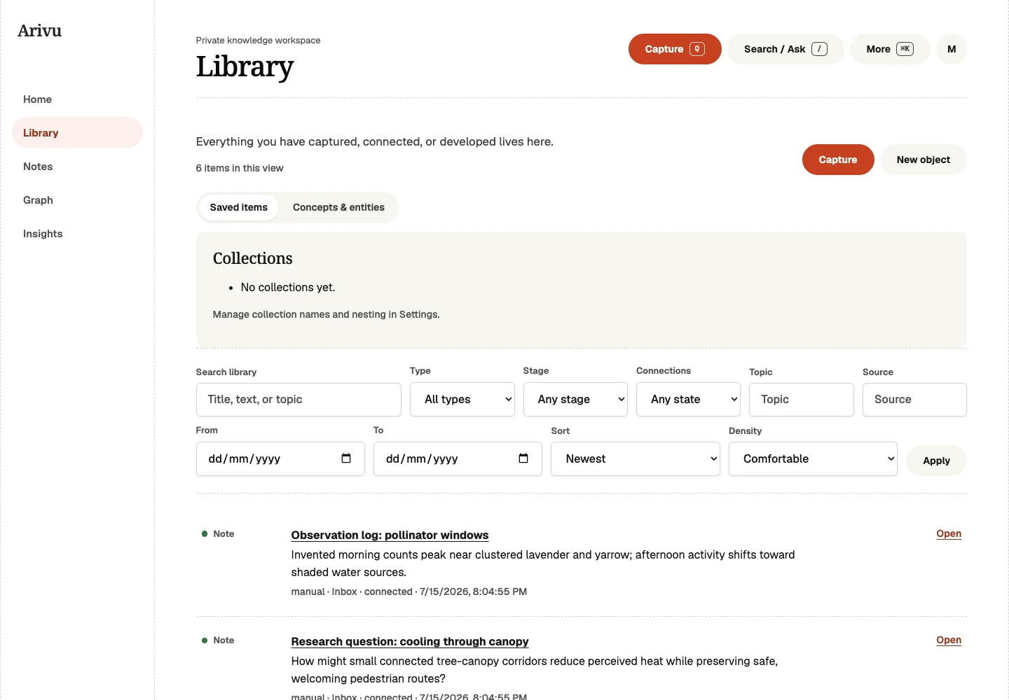 Arivu Library showing bookmarks, notes, and other knowledge types in one filtered view