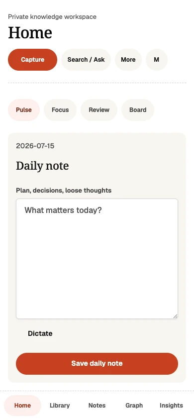 Arivu on mobile with Notes in the five-item bottom navigation