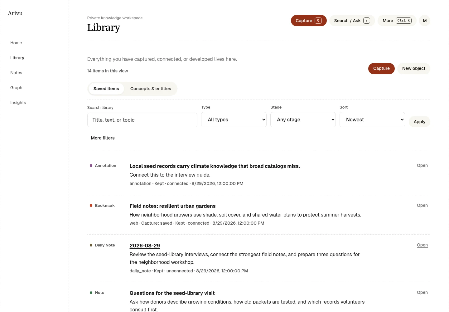Arivu v1.6 Library with primary filters visible and secondary controls under More filters