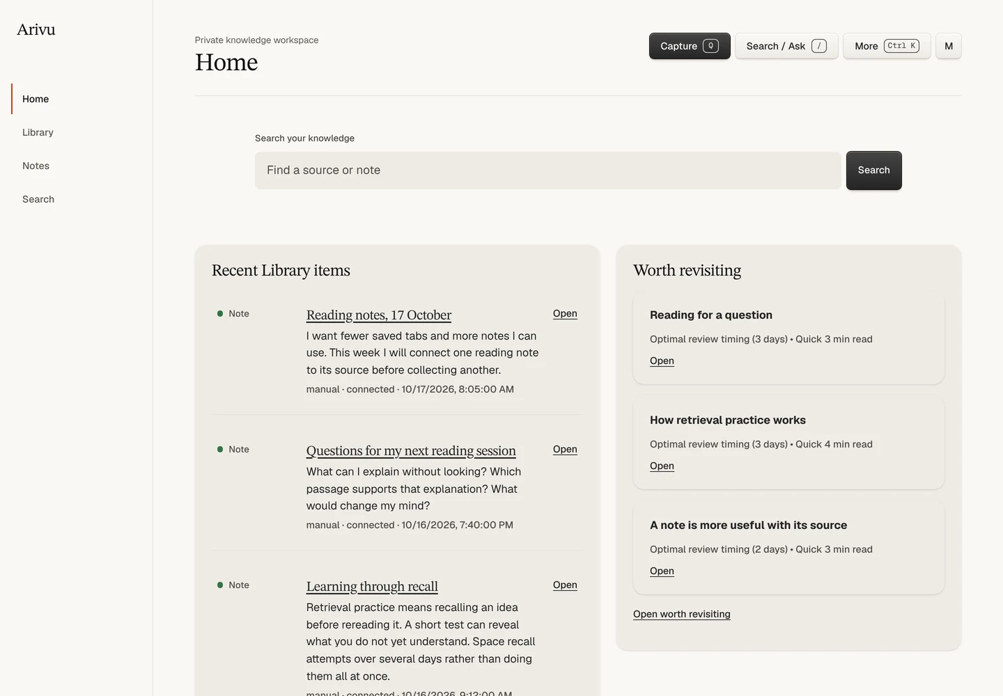 Arivu Home in the new design, with recent sources and notes on warm paper surfaces