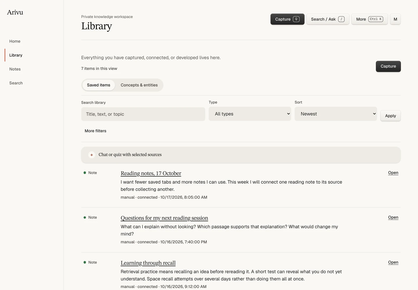 Arivu Library in the new design, listing saved items on the Saved items tab