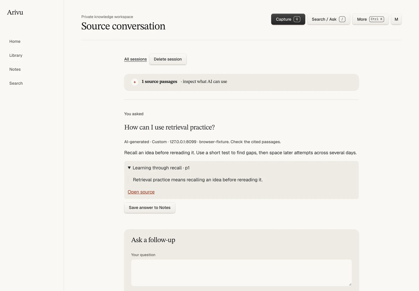 Arivu source conversation with an expanded quote and Save answer to Notes