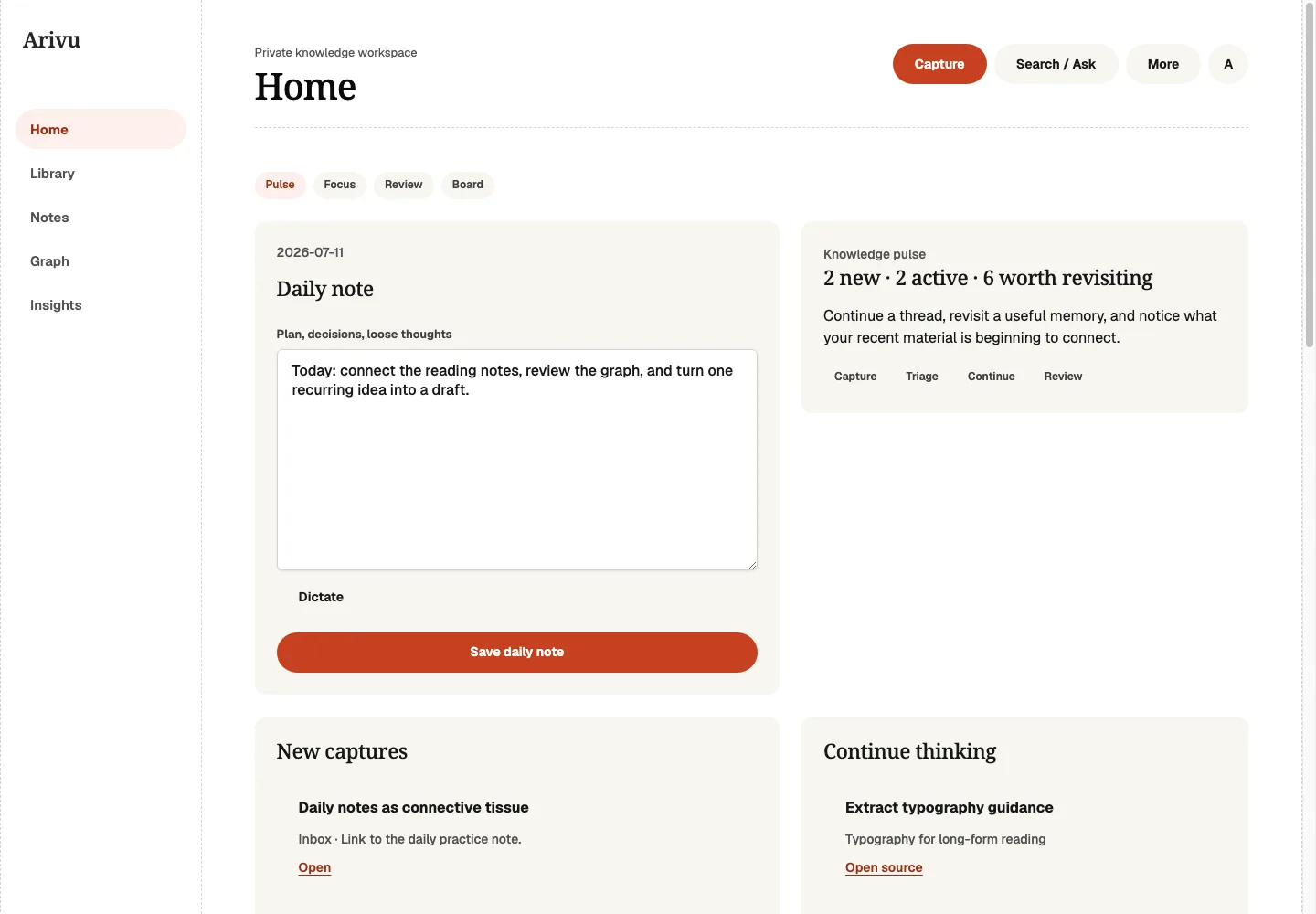 Arivu Home showing a daily knowledge overview in the warm light-only interface