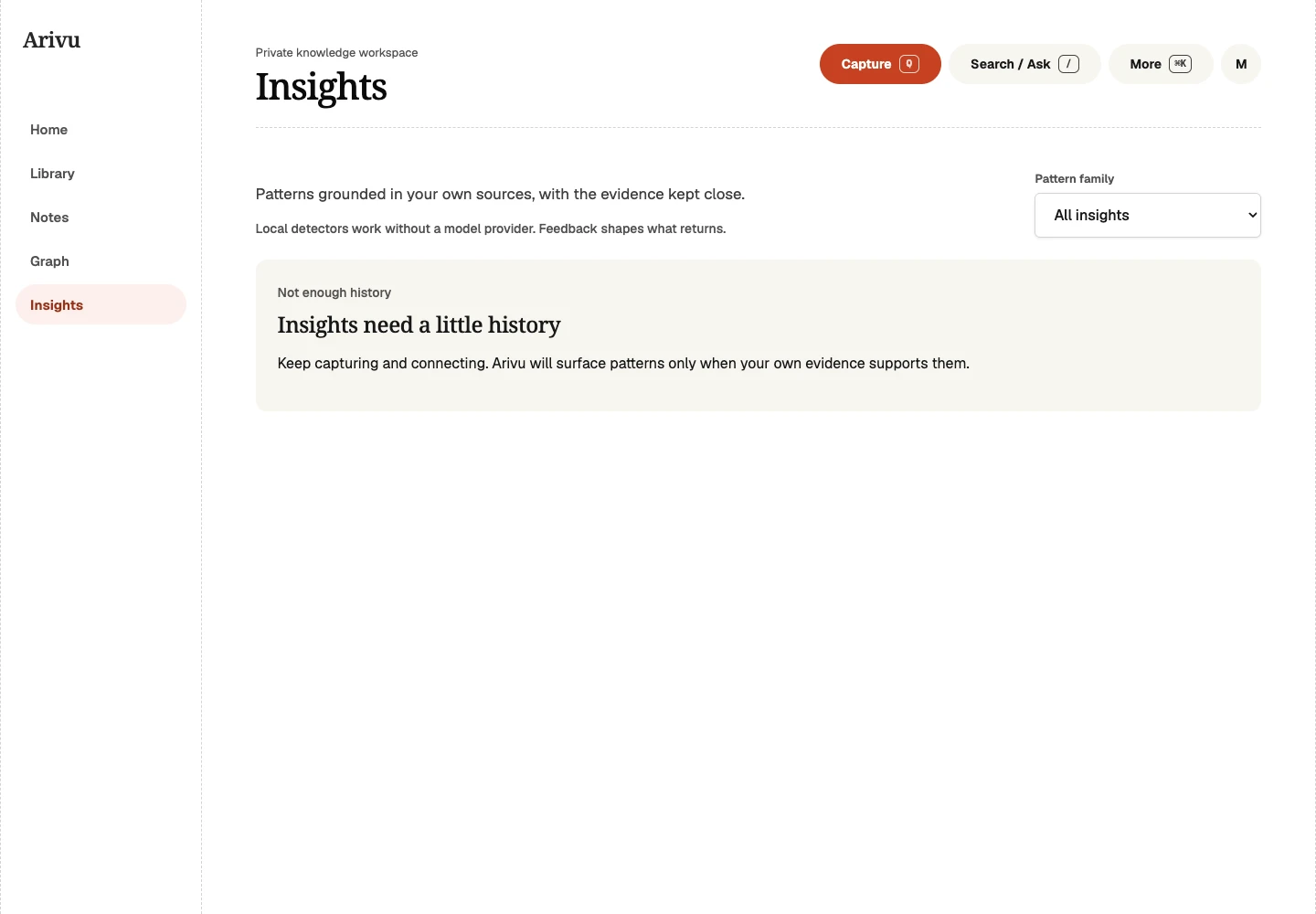 Arivu Insights explaining that a new workspace needs more history before evidence-backed patterns appear