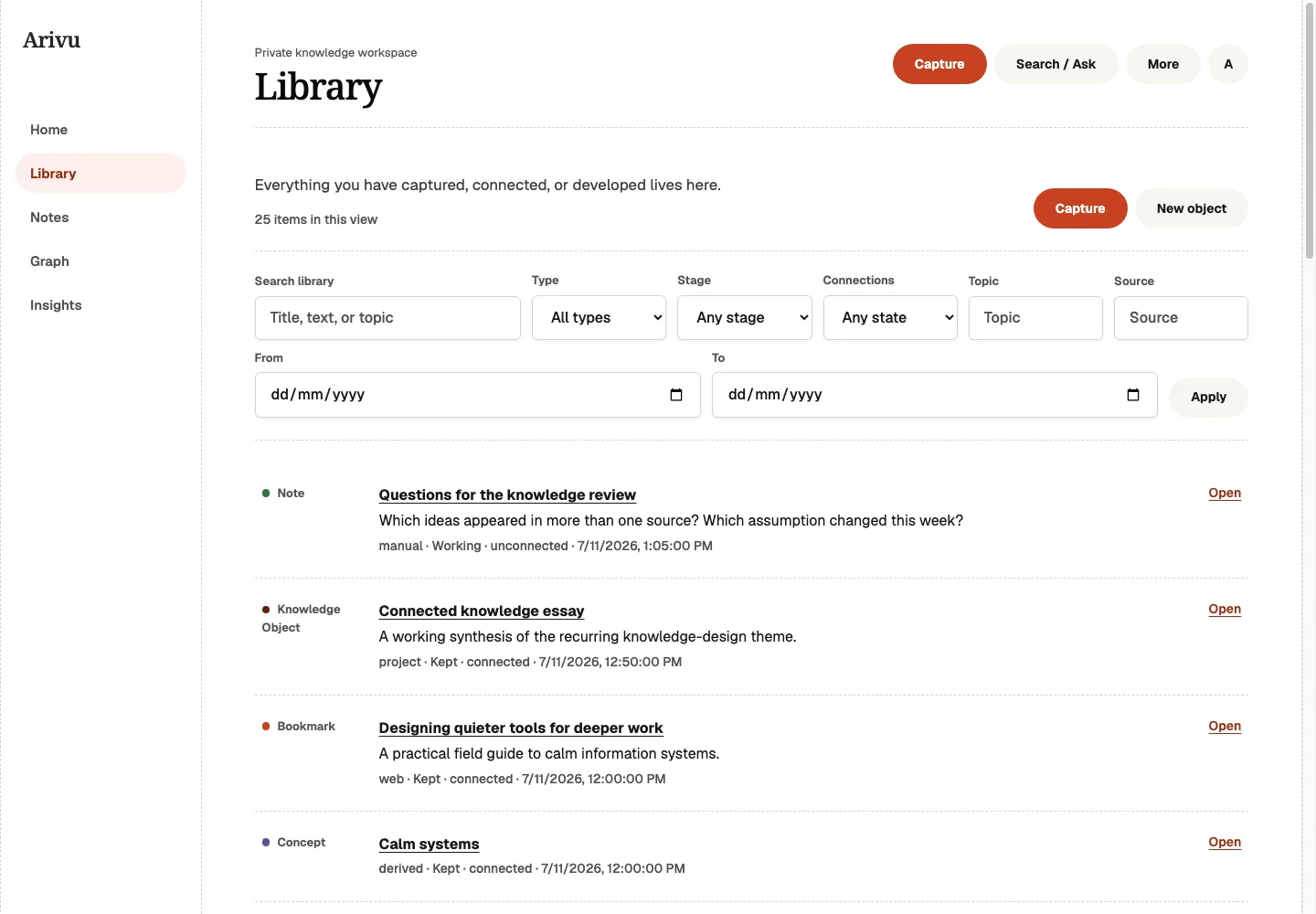 Arivu Library showing bookmarks, notes, and other knowledge types in one filtered view