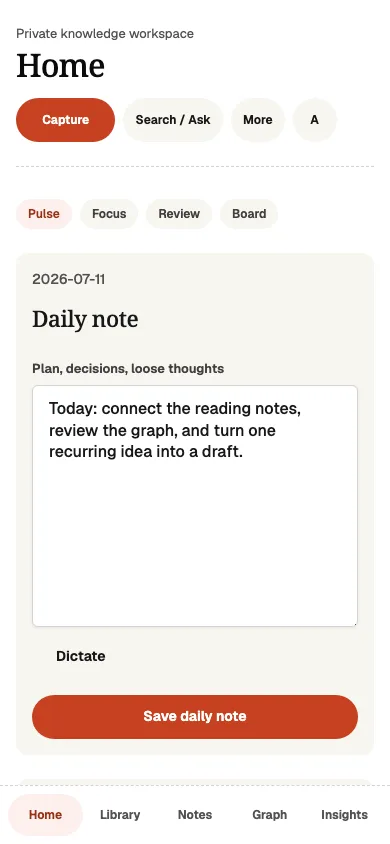 Arivu on mobile with Notes in the five-item bottom navigation