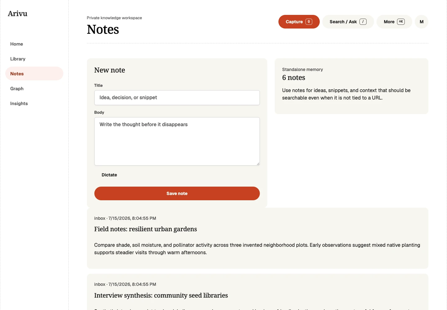 Arivu Notes with a writing area and links to saved material