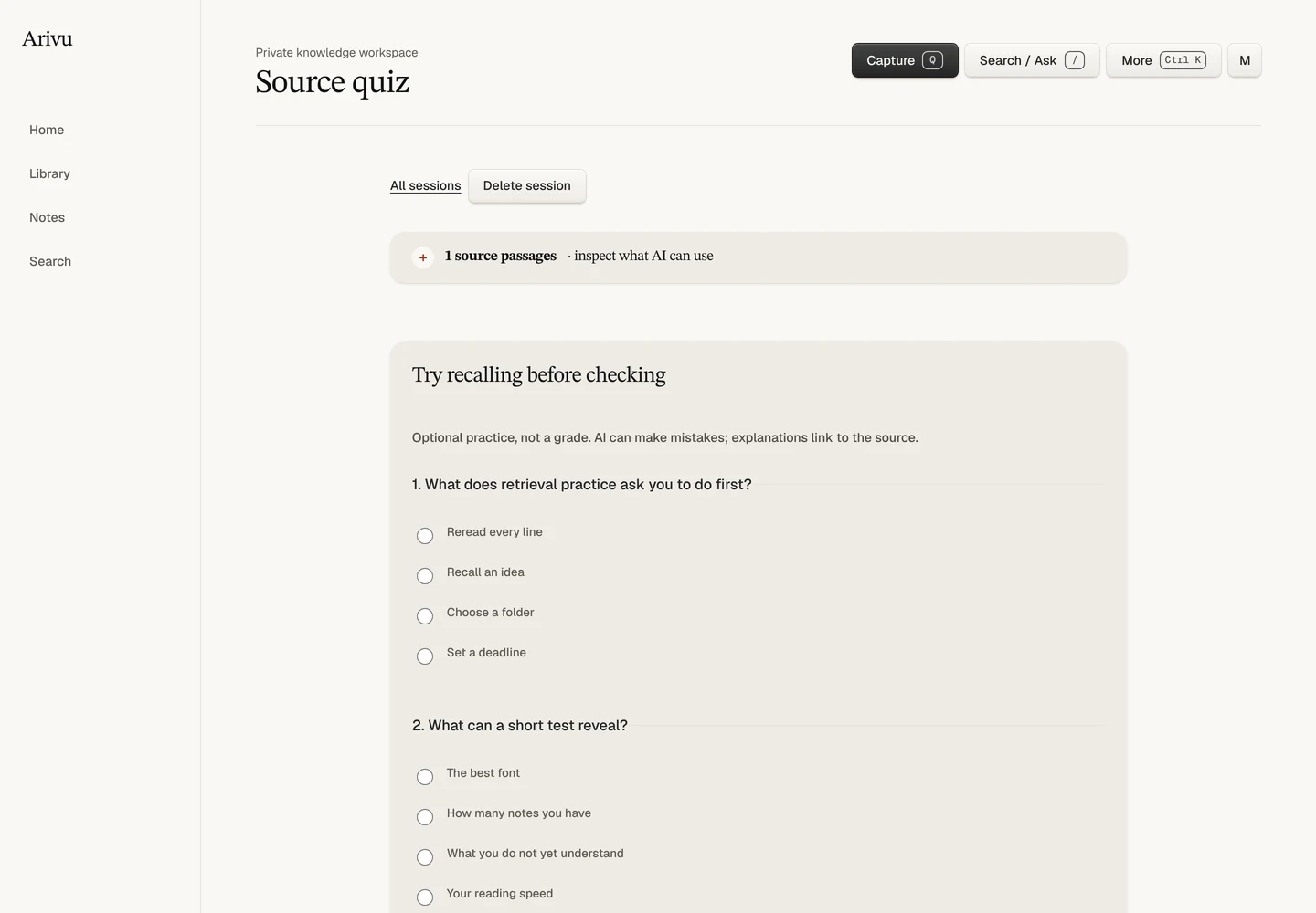 Arivu quiz with three questions and four choices per question